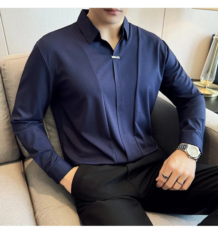 Herren-Poloshirt mit langen Ärmeln, 2026, Frühling, britischer Stil, einfarbig, elastisch, schmale Passform, T-Shirt, formelle Kleidung, Poloshirt, Herrenbekleidung