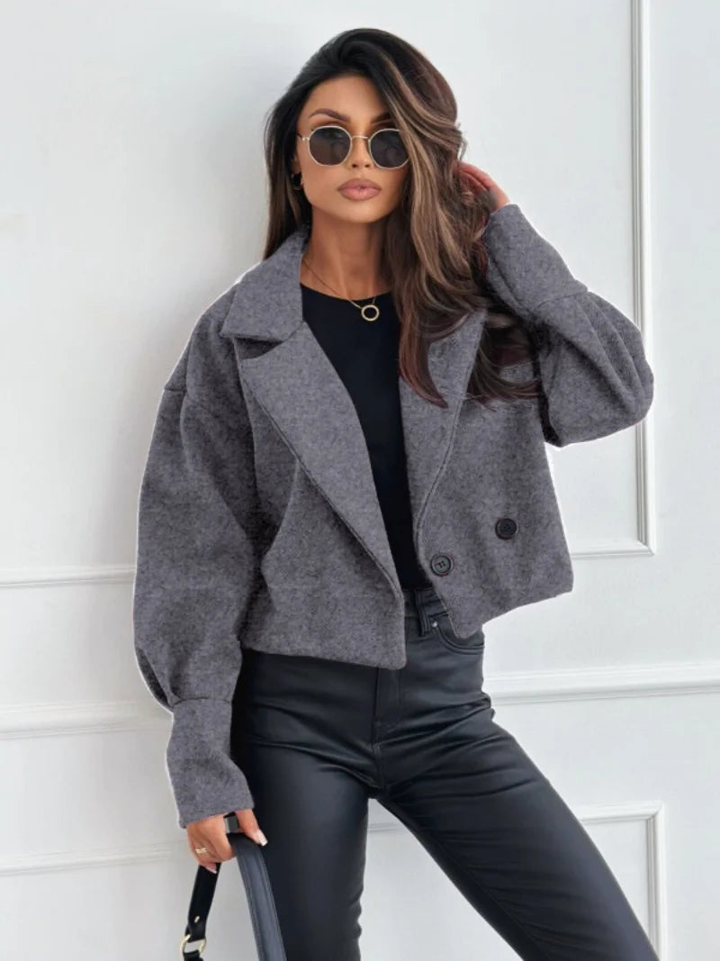 Damen-Doppelreihiger Kurzmantel aus Wolle, lässige Jacke mit Reverskragen für den Alltag im Herbst und Winter