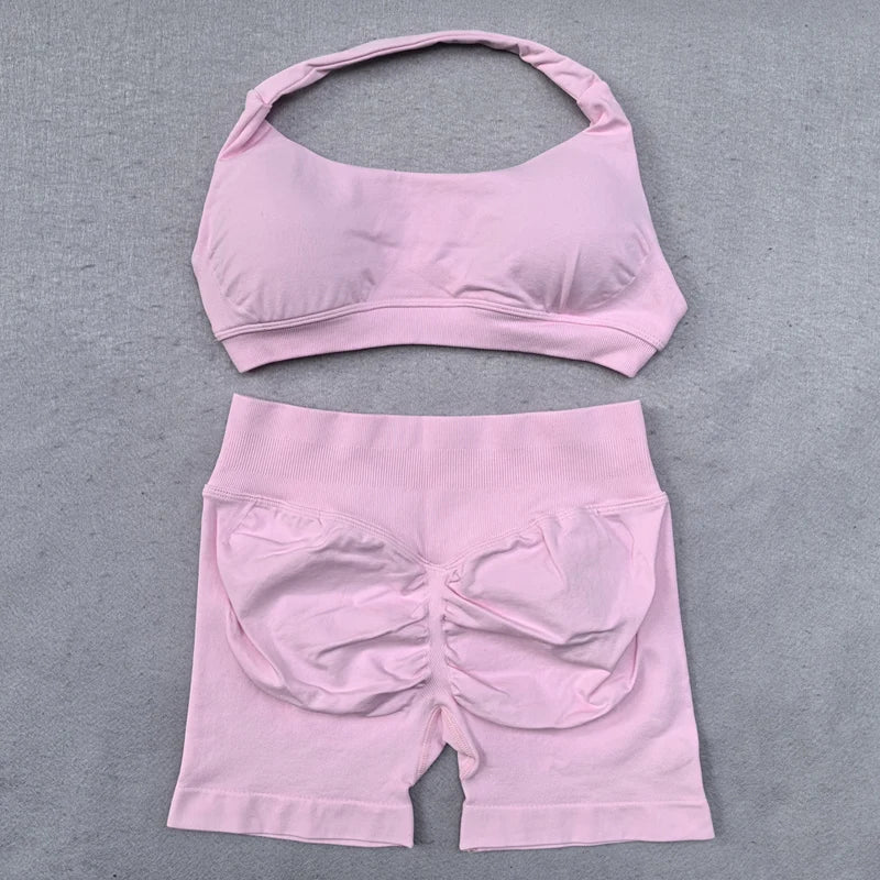 Shorts-Set, 2-teilig, nahtlos, Yoga-Set, Workout-Trainingsanzug, Damen-Halter, Sport-BH und niedrige Taille, Scrunch Bum, Gym-Shorts, Anzüge