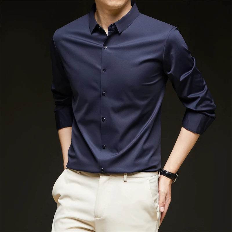 Neues, langärmliges, einfarbiges Business-Casual-Hemd für Herren, knitterfrei, knitterfrei, bequem, vielseitiges Oberteil für die ganze Saison