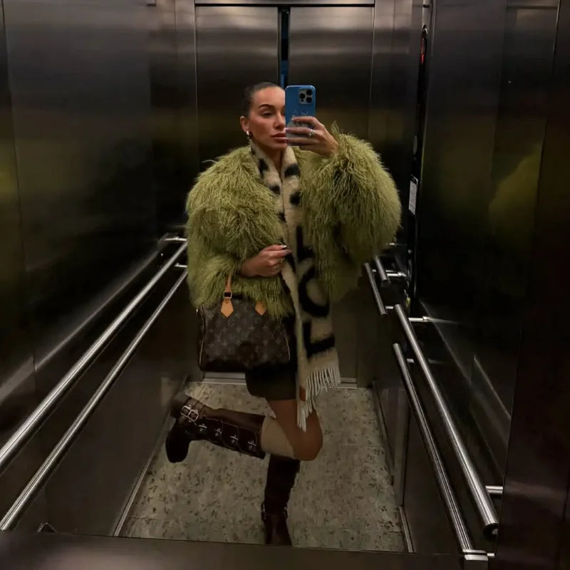 Mongolei Woolen Faux Pelz Jacke Solide Frauen Mode Drehen Unten Kragen Langarm Strickjacke Kurze Mäntel Dame Täglichen Straße Outwears
