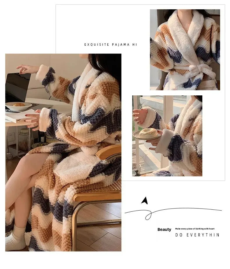 Verdickte Korallen Fleece Robe frauen V-ausschnitt Gürtel Langarm Mid-länge Süße Stil Warme Hause Kleidung Winter Saison