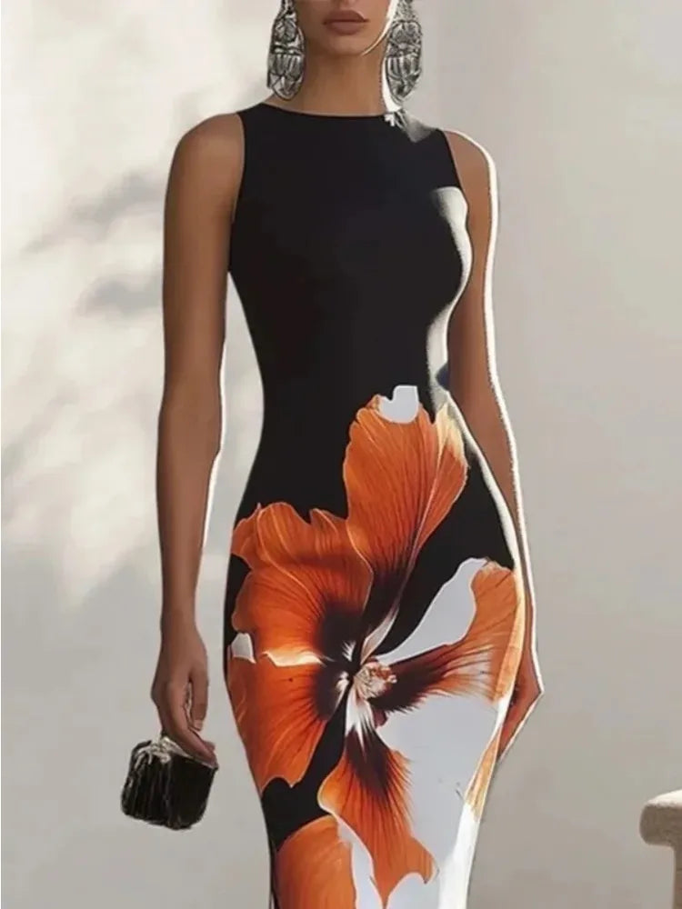 Gymystars Skinny Ärmelloses Blumendruckkleid Damen Abendkleider Elegant Sexy Outfit Schwarz Weiß Blumen Partykleid Robe