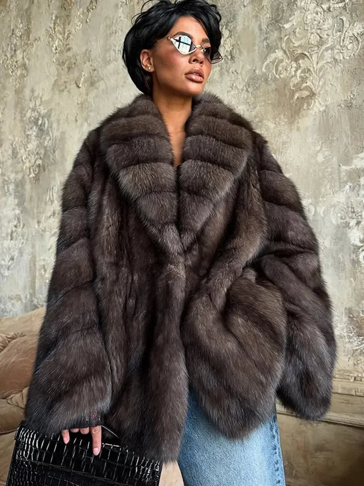 Brauner mittellanger Pelzmantel für Damen, Revers, versteckter Knopf, lockere, elegante Oberbekleidung, 2025, modischer Bürodame, Pendelmantel, Neu