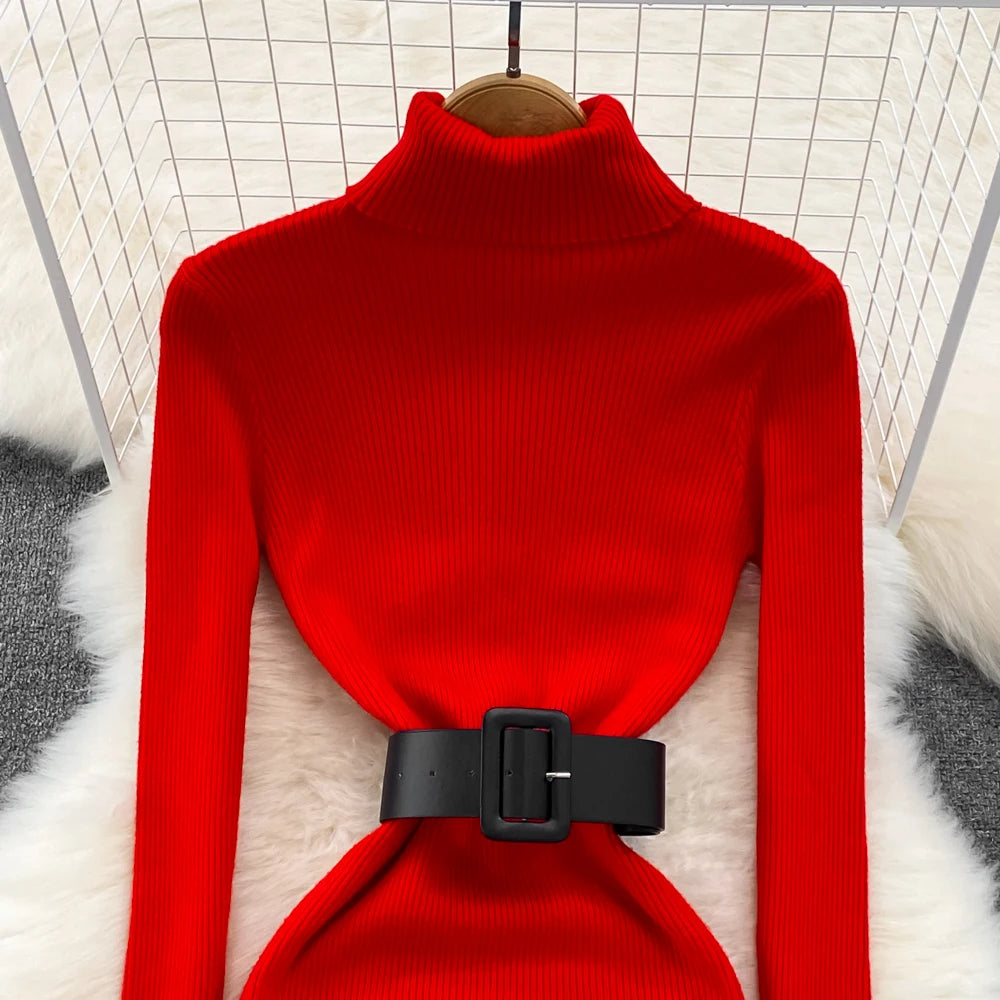 REALEFT Herbst Winter 2025, neue Rollkragen frauen Gestrickte Kleider mit Gürtel Langarm Elegante Bodycon Wrap Kleid Weibliche