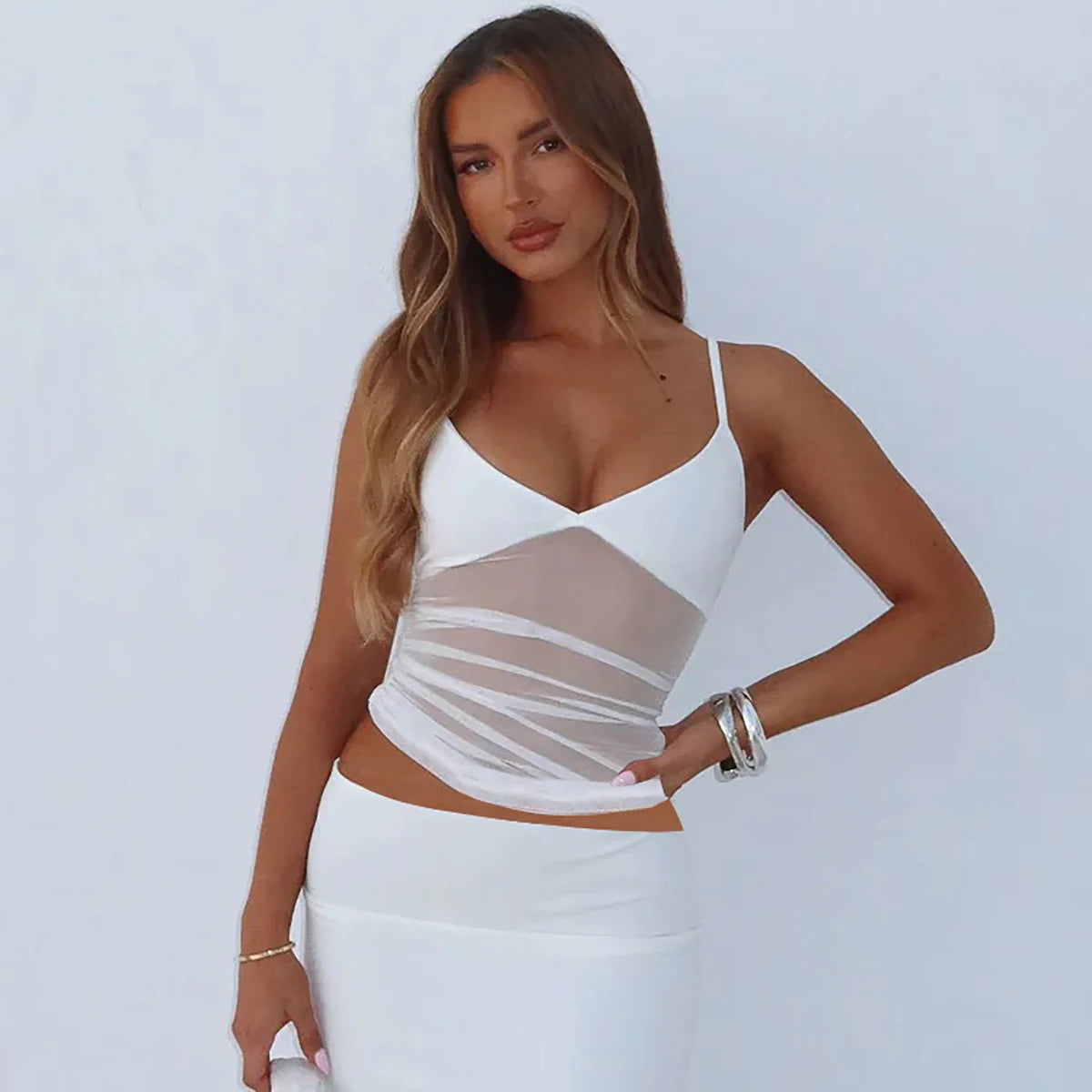 Transparentes Mesh-Crop-Top mit Spaghettiträgern, gerafftem Detail, V-Ausschnitt, schmaler Passform, Y2K Hot Girl Streetwear-Stil, lässiges Party-Top für Clubwear