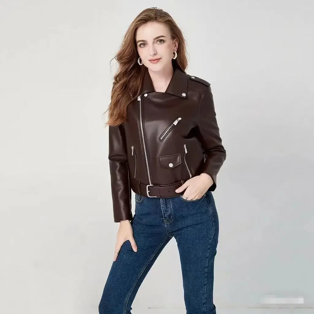 Damen-PU-Lederjacke, schmale Passform, Motorrad, gewaschener Reißverschluss, Oberteil, Herbst-Winter, modische Oberbekleidung, lässiger Stil, volle Ärmel