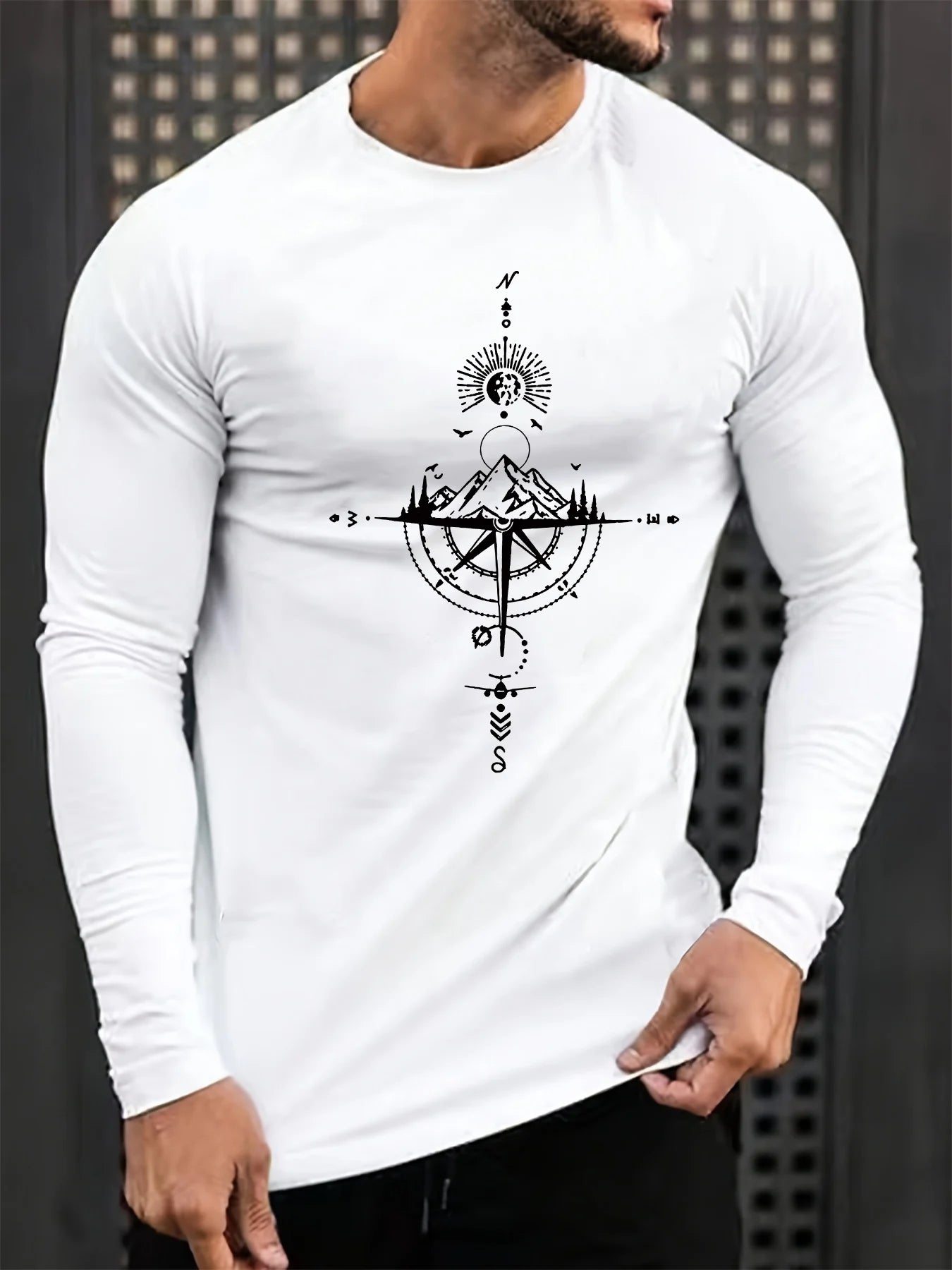 Men's 100% pure cotton loose fit comfortable sports and leisure mountain compass pattern printed round neck long sleeved T-shirt