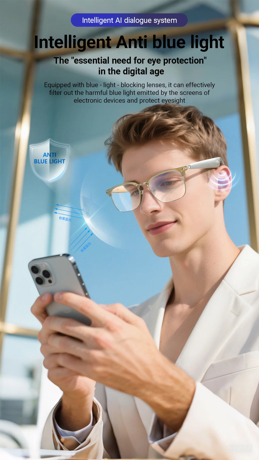 AI Simultaneous Translation Smart Wireless Bluetooth Glasses Anti-Blue Light Glasses Music Play Phone Answering Multi-functional