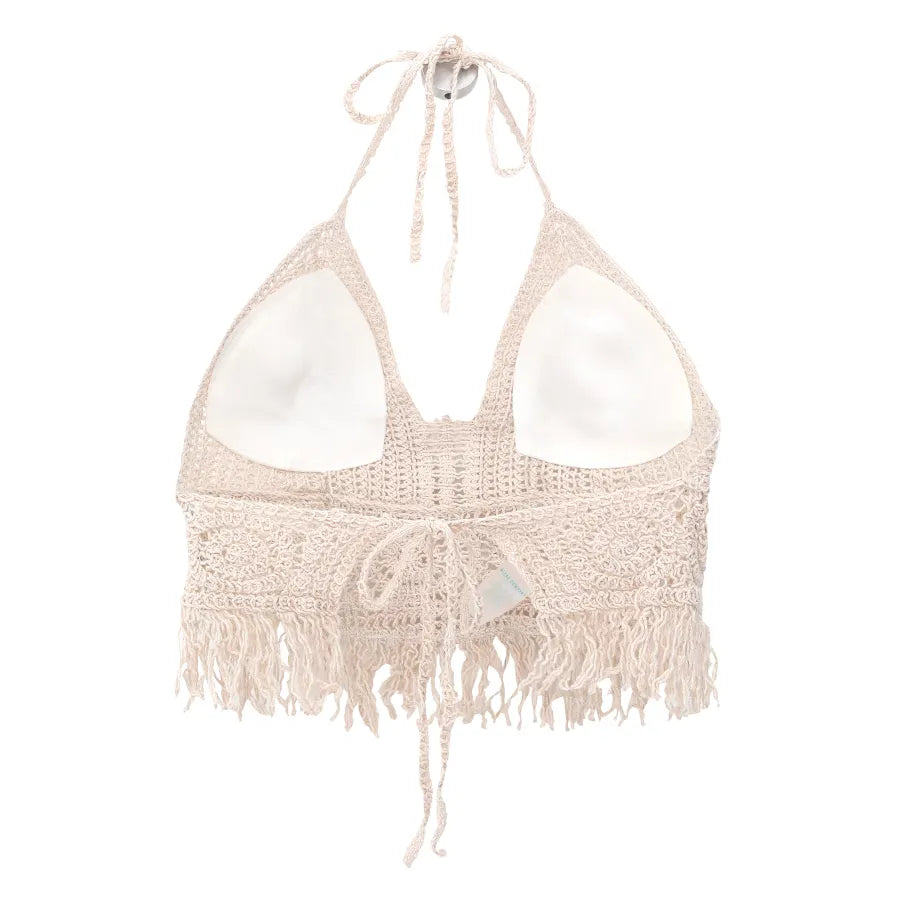 Boho Häkel-Neckholder-Top für Damen, Sommer-Strand-Strick-Crop-Top mit Quasten, rückenfrei, ärmellos, Bralette