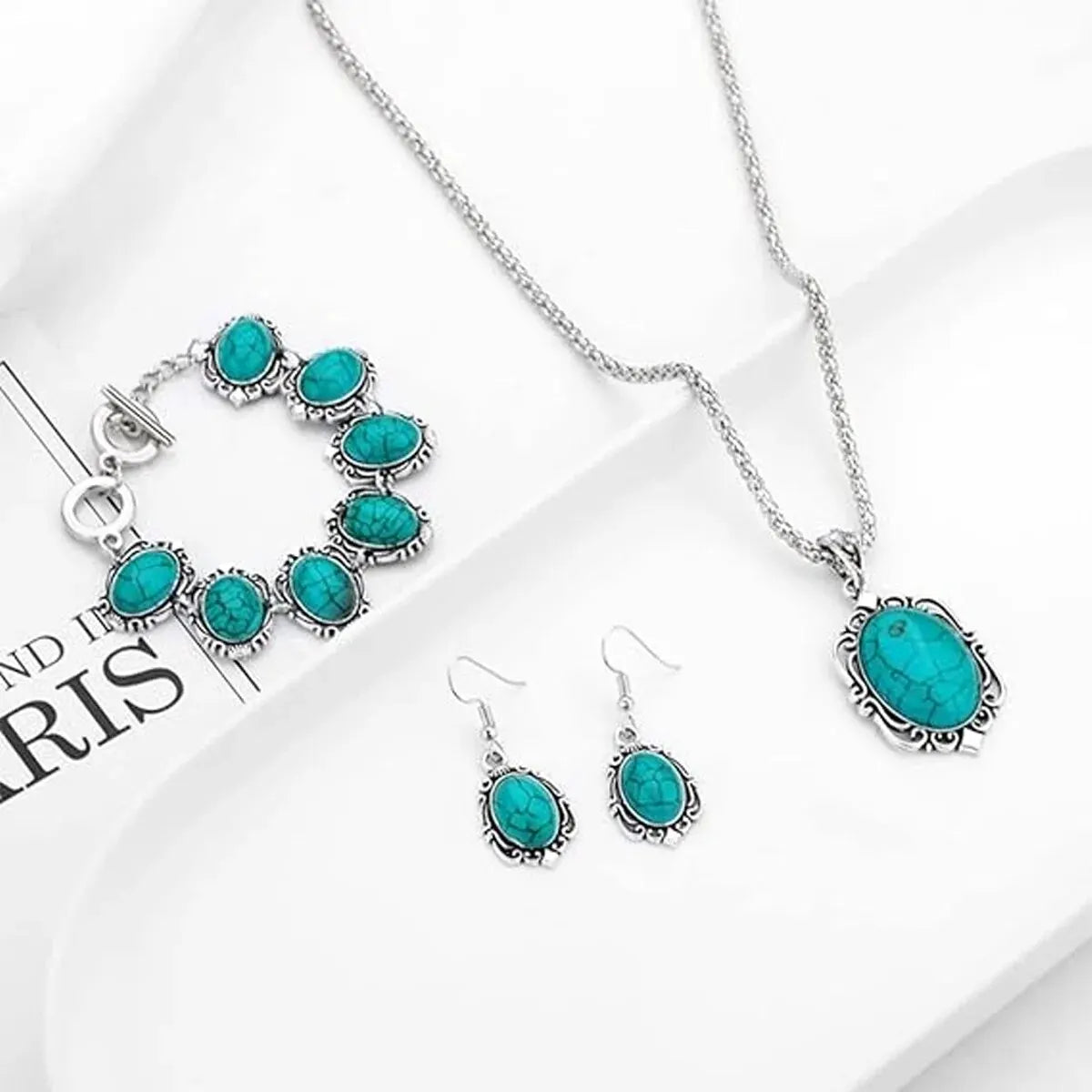 3-teiliges Damen-Set im Vintage-Stil, türkisfarbenes Armband, Halskette, Ohrringe, Heilstein, Dekoration, Geschenk (ohne Box)