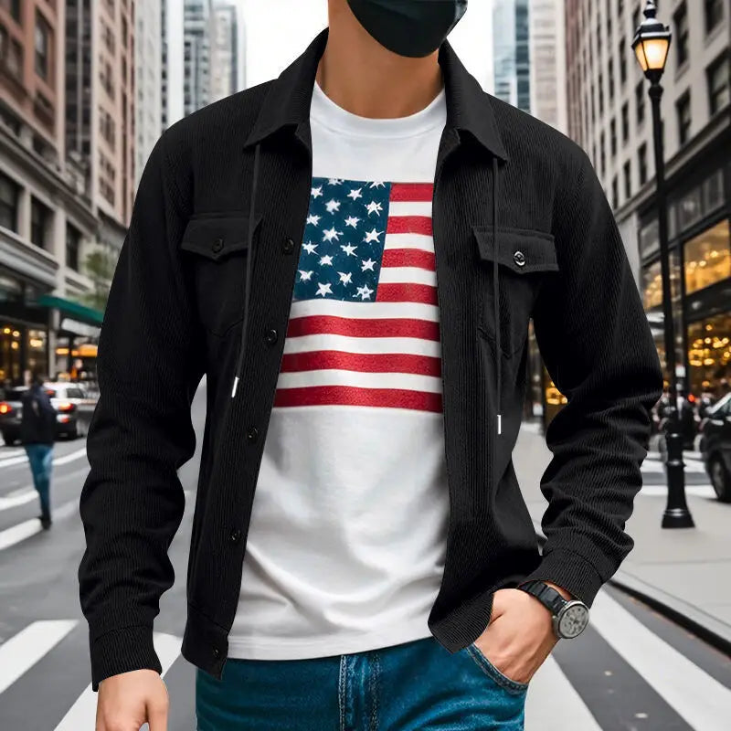 Amerikanische schwere Cord-Herrenjacke, einfache und vielseitige Langarmjacke mit Stehkragen und mehreren Taschen