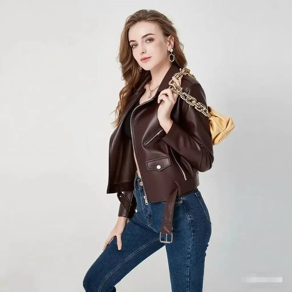 Women's PU Leather Jacket Slim Fit Motorcycle Washed Zipper Top Autumn Winter Fashion Outerwear Casual Style Full Sleeve