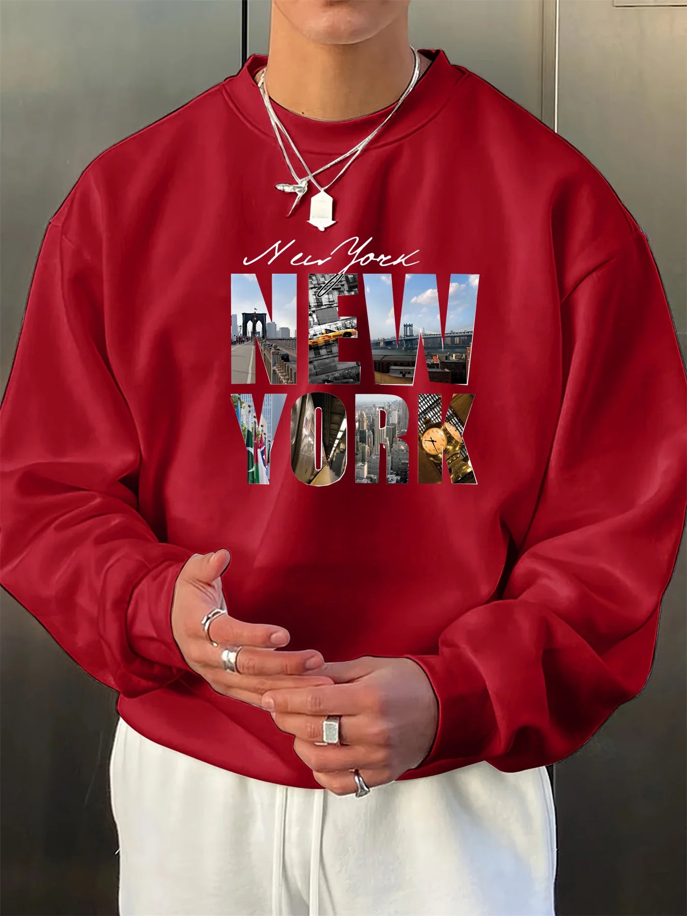 Men's autumn and winter fashionable casual loose New York City graphic printed long sleeved round neck sweatshirt