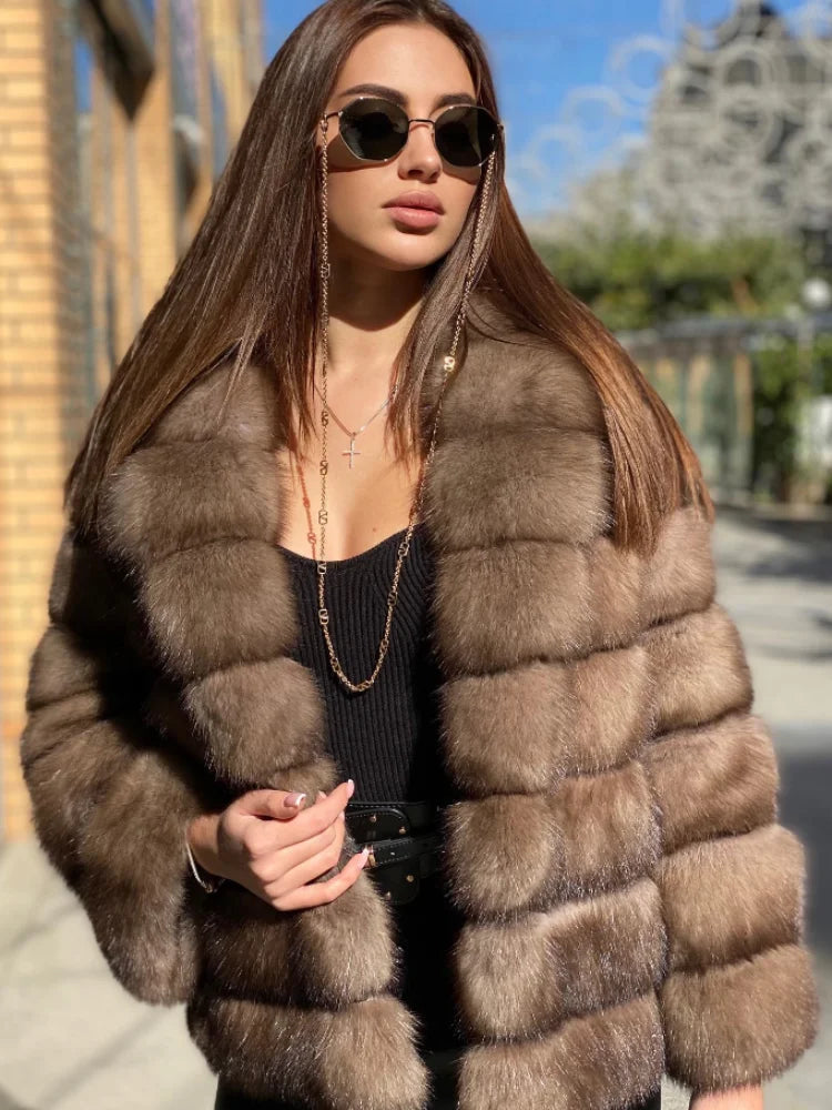 Brauner mittellanger Pelzmantel für Damen, Revers, versteckter Knopf, lockere, elegante Oberbekleidung, 2025, modischer Bürodame, Pendelmantel, Neu