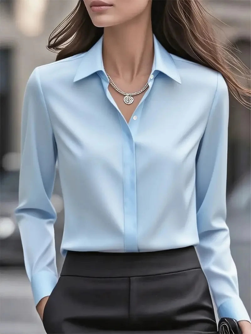 2025 Neues Damen-Langarmshirt, 10-farbiges Revers, Satin-Knopf-Cardigan, Büro, Pendeln, elegantes, einfaches Oberteil, Basic-Blusen