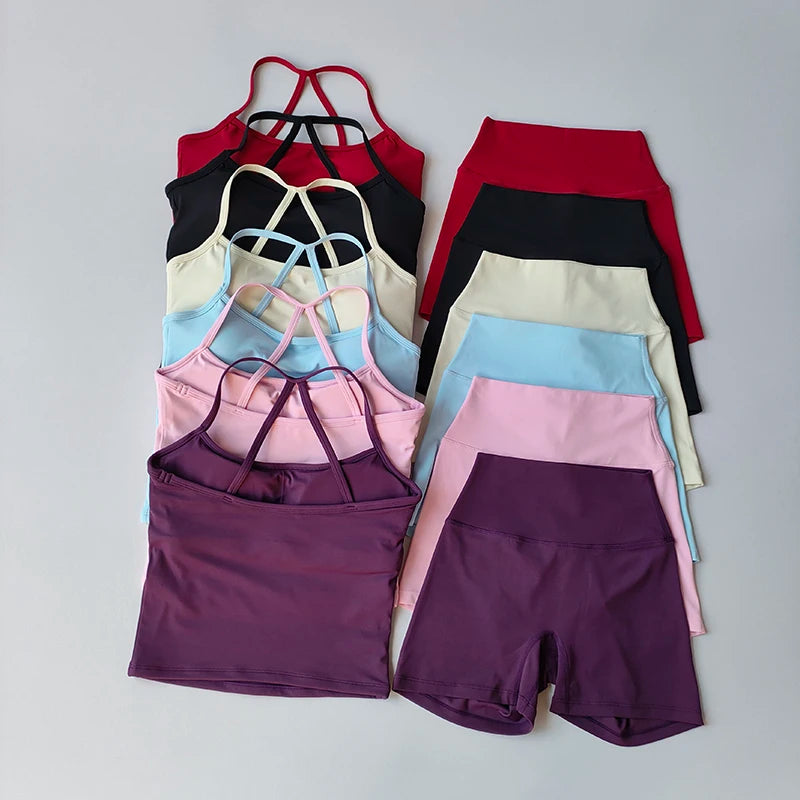 Yoga Gym Set Neckholder Top Set Yoga Hohe Taille Shorts Set Rückenfreie Strumpfhosen BH Weste Nahtlose Stretch Gerippte Gesäß Lift Shorts Set