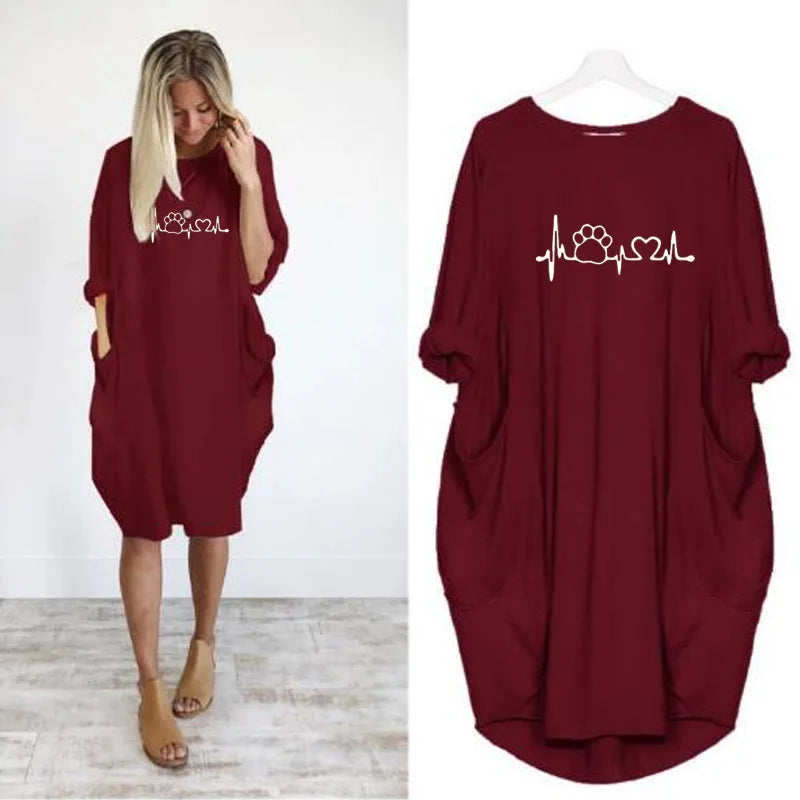 Frauen Lose Lange Ärmeln Sommer Plus Größe Kleid Herbst Winter Casual Rundhals Einfarbig Langarm Tasche Lose Pullove