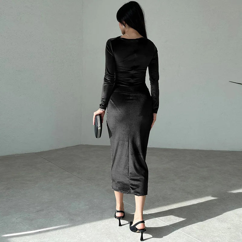 Dulzura 2024 Frühling Sommer Samt Langarm Midi Kleid Für Frauen Geraffte Lange Kleid Elegante Party Kleidung Abend Grün Outfits