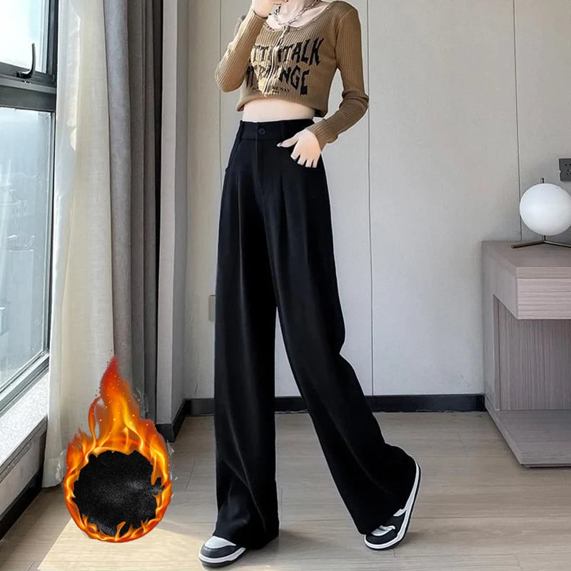 Heißer Verkauf Winter Dame Schnee Warme Hosen Mädchen Klassische Fleece Hohe Taille Hose Frauen Gerade Bein Plüsch Thermische Casual Hosen
