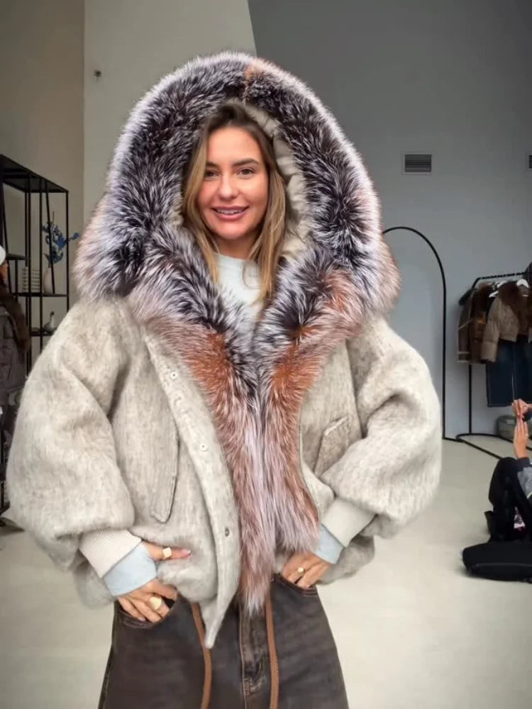 Gefärbter Pelzkragen, kurze Wolljacke für Damen, modisch, Revers, volle Ärmel, einreihig, Patchwork, lose Jacken, 2025, Winter-Outwear