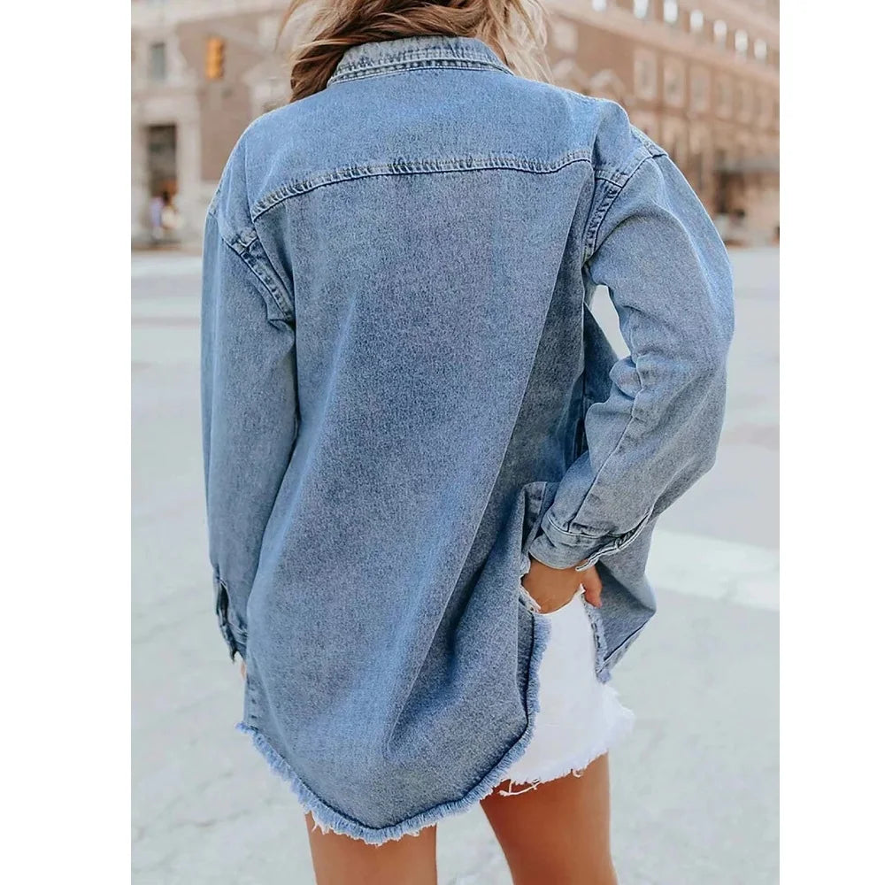Gewaschene Denim Jacke Frauen Herbst Quaste Revers Jeans Jacke Weibliche Casual Lose Langarm Einreiher Oberbekleidung Shirts Mantel
