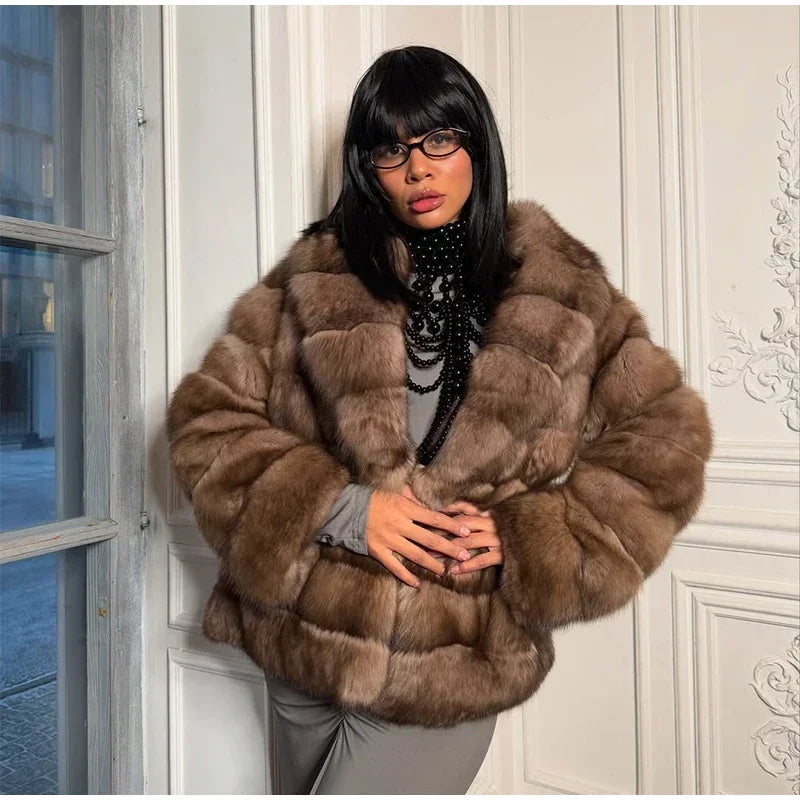 Brauner mittellanger Pelzmantel für Damen, Revers, versteckter Knopf, lockere, elegante Oberbekleidung, 2025, modischer Bürodame, Pendelmantel, Neu