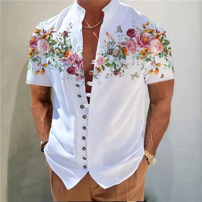 Sommer Casual Männer Leinen Shirts Neue Druck Taste Hemd Mode Stehkragen Lose männer Shirts Streetwear Casual Strand