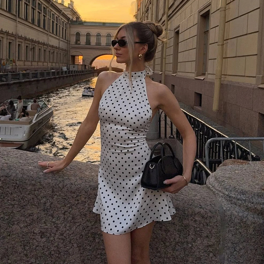 Polka Dot Elegante Off Schulter Ärmellose Backless Hohe Taille Halter Mini Kleid Y2K Sommer Fashion Club Party Vestidos