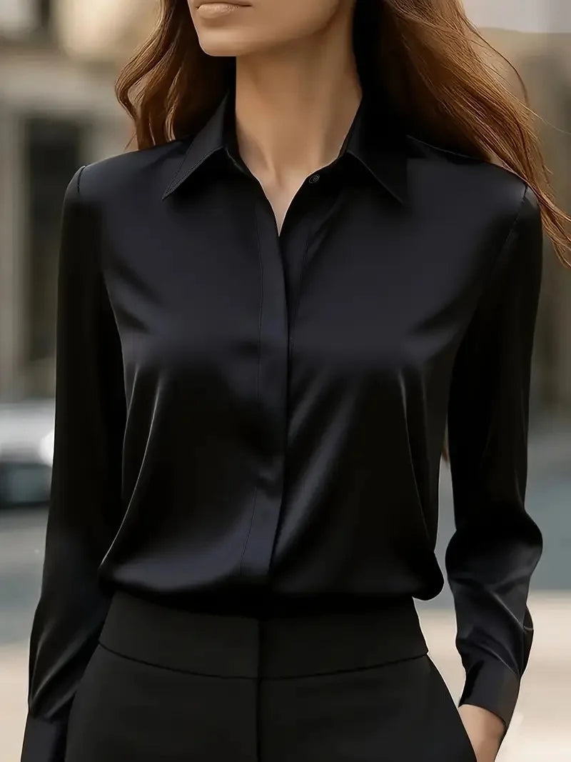2025 Neues Damen-Langarmshirt, 10-farbiges Revers, Satin-Knopf-Cardigan, Büro, Pendeln, elegantes, einfaches Oberteil, Basic-Blusen