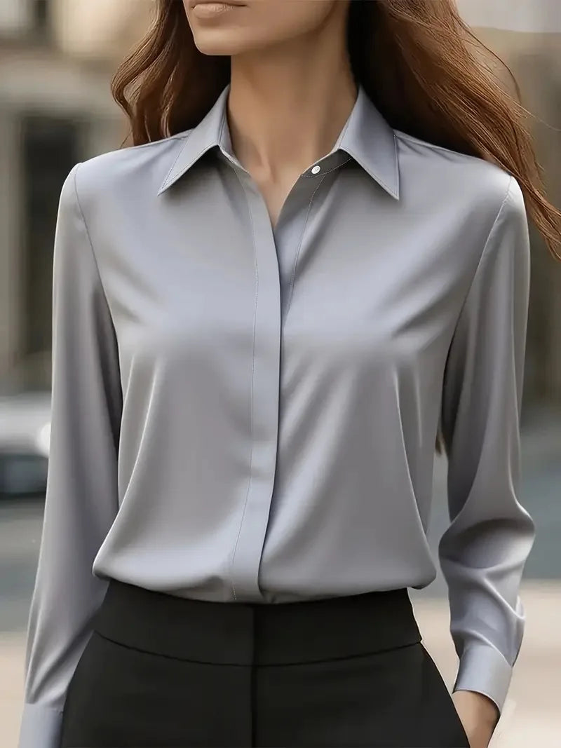 2025 Neues Damen-Langarmshirt, 10-farbiges Revers, Satin-Knopf-Cardigan, Büro, Pendeln, elegantes, einfaches Oberteil, Basic-Blusen