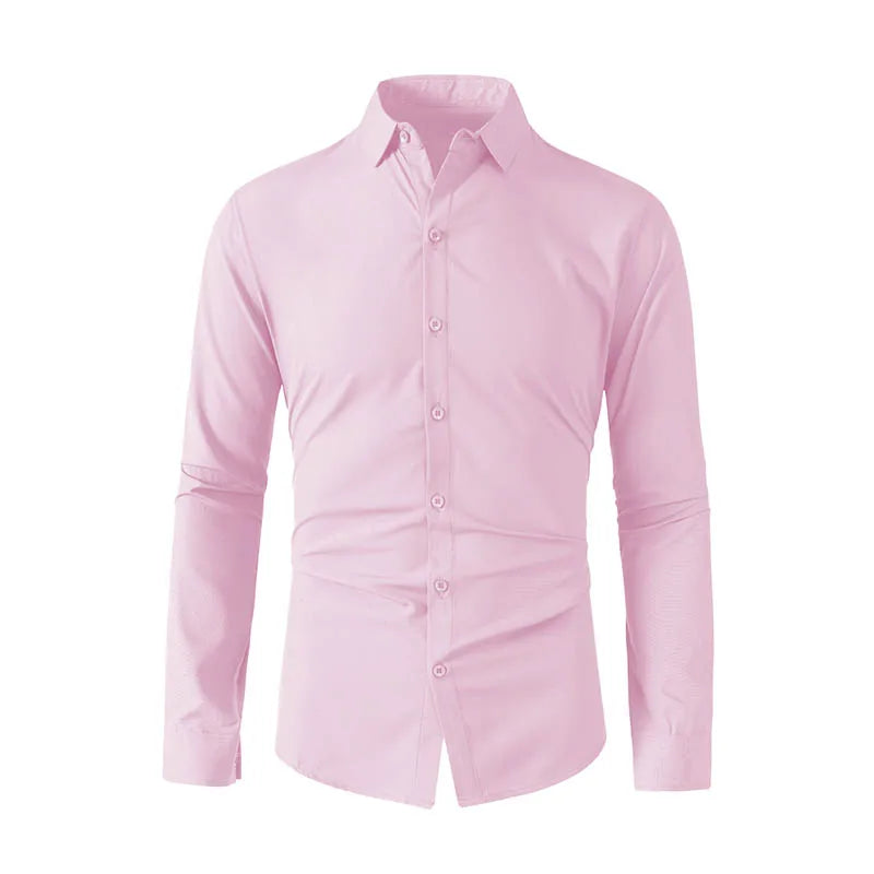 Neues, langärmliges, einfarbiges Business-Casual-Hemd für Herren, knitterfrei, knitterfrei, bequem, vielseitiges Oberteil für die ganze Saison