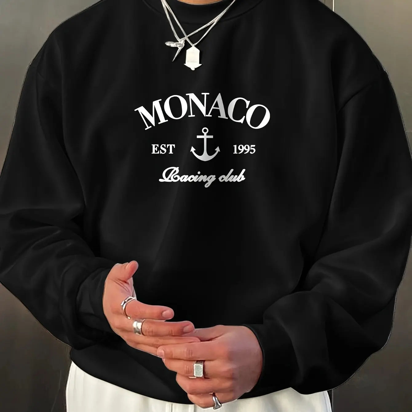 Men's autumn and winter fashionable casual loose monaco letter print fleece pullover long sleeved round neck sweatshirt