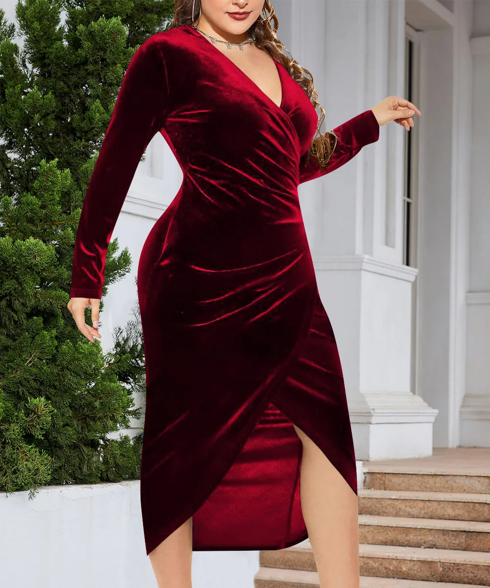 Elegante Samt Bodycon Kleid Frauen Sexy Gewickelt V-ausschnitt Langarm Geraffte Hohe Taille Midi Kleid Party Cocktail Kleider Vestidos
