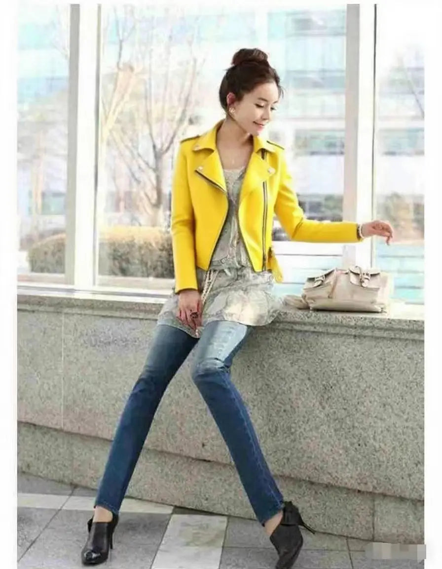 Fashionable Red PU Leather Jacket Women's Short Coat Stand Collar Spring Autumn Thin Style Artistic Retro Fit Sleeve Long