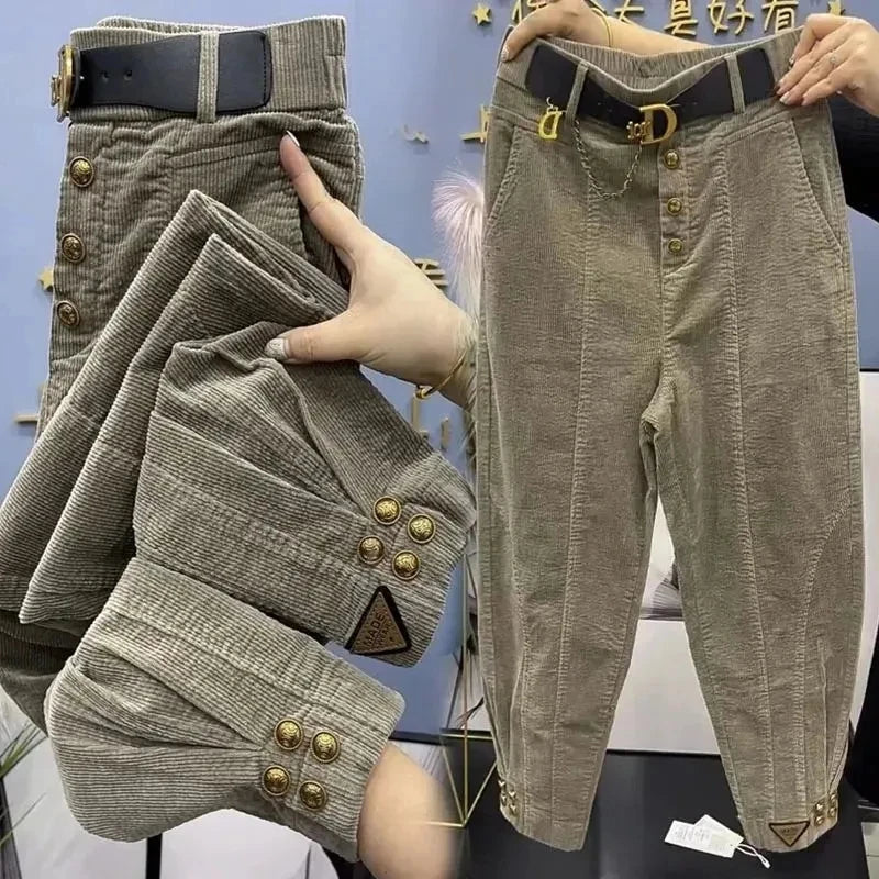 2023 Autumn Winter Korean Solid Color Thick Warm Corduroy Pants Women Loose Casual Be All-Match Bundle Foot Ladies Harem Pants
