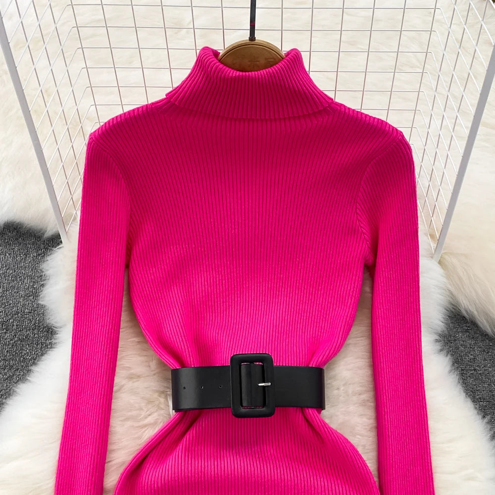 REALEFT Herbst Winter 2025, neue Rollkragen frauen Gestrickte Kleider mit Gürtel Langarm Elegante Bodycon Wrap Kleid Weibliche