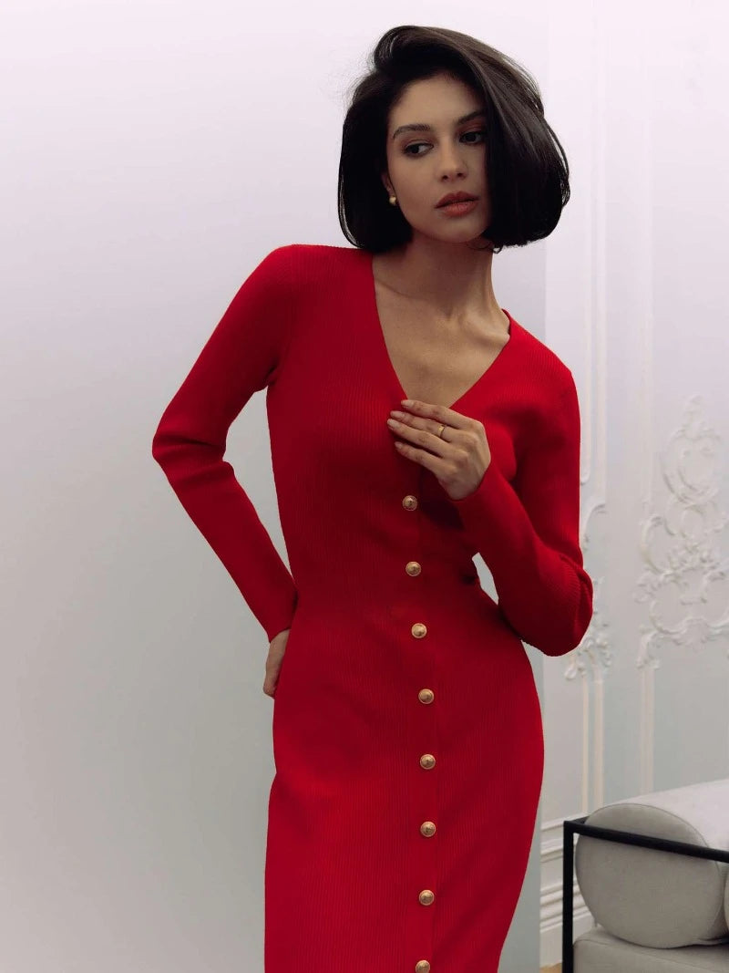 Trendix Elegantes Abendkleid für Damen, V-Ausschnitt, lange Ärmel, Patchwork, Knopf, Schlitz, Pullover, Kleider, 2024, Herbst und Winter, gestricktes Maxikleid