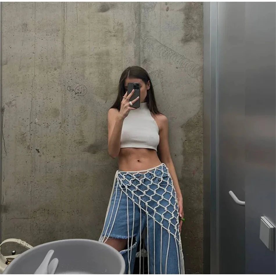 Handgewebter Bikini-Überwurfrock mit Netzfransen am Bund – Festival- und Streetwear-Accessoire für Anzüge und Jeans