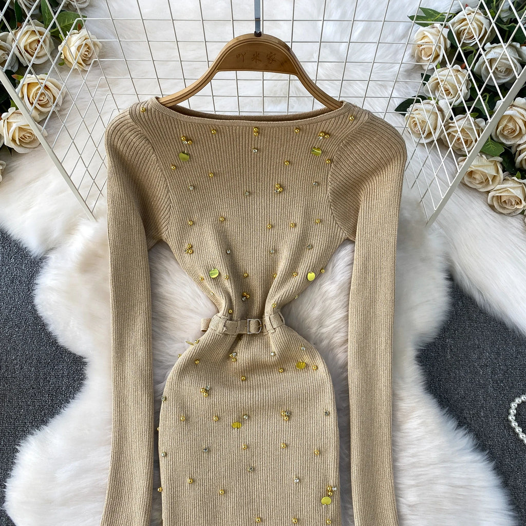 Schickes, sexy, elegantes, langärmliges, figurbetontes O-Ausschnitt-Kleid für Damen, koreanische Abendkleider für Modezeremonie
