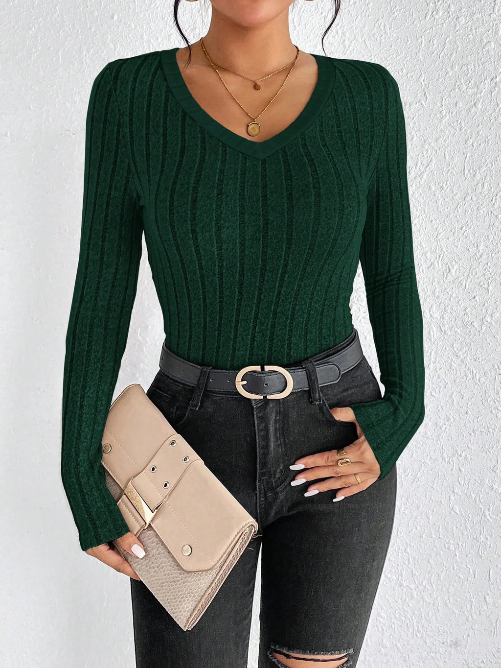 Slim Fit V-Neck Knitted Jumper Long Sleeve Top for Women Sexy Trendy Pullover Casual Wear
