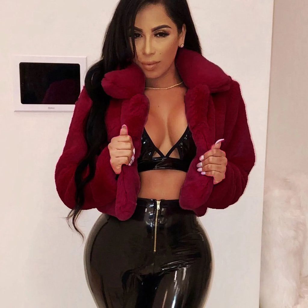 Mode Faux Pelz Offenen Stich Revers Crop Jacken Frauen Kleidung Herbst Winter Solide Langarm Warme Pelzigen Flauschigen Mantel Outwear