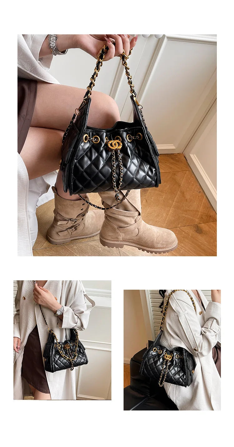 Trendy Geometric Chain Underarm Bag Women's Shoulder Bag Commuter Crossbody Bag Versatile PU Bucket Bag Autumn New Style