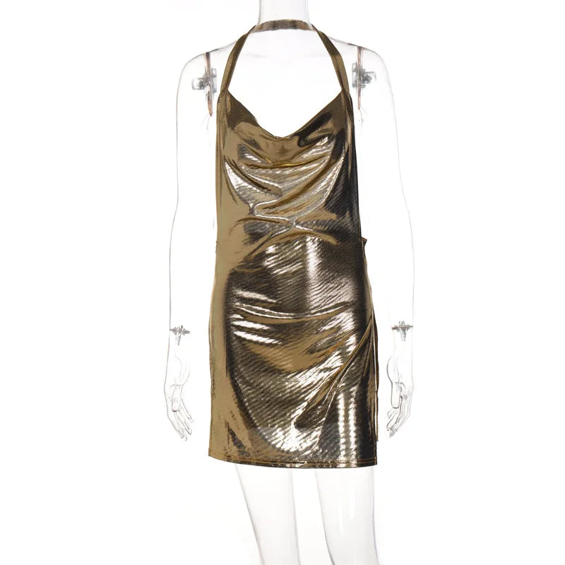 Sexy und modisches Damen-Kleid, elegant, kurz, mit hängendem Hals, rückenfrei, unten auf der Brust, Pailletten, Party-Mädchen-Tanzkleid