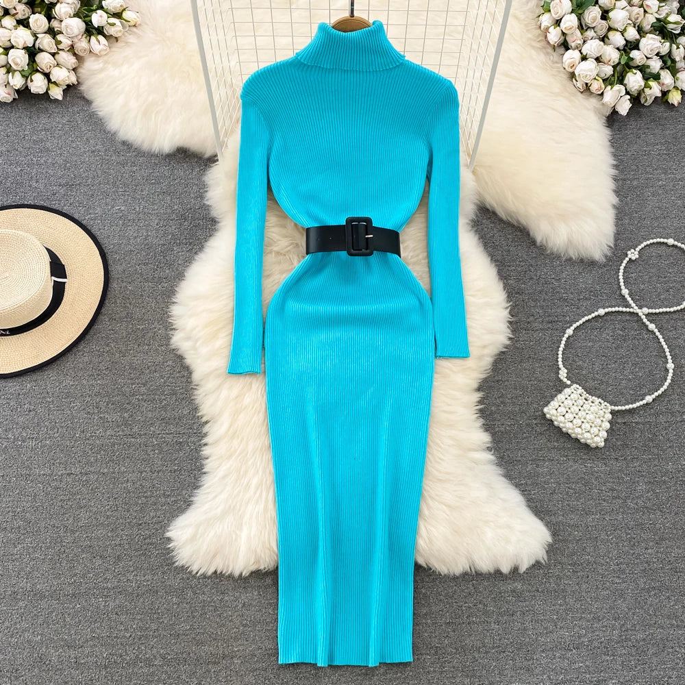 REALEFT Herbst Winter 2025, neue Rollkragen frauen Gestrickte Kleider mit Gürtel Langarm Elegante Bodycon Wrap Kleid Weibliche