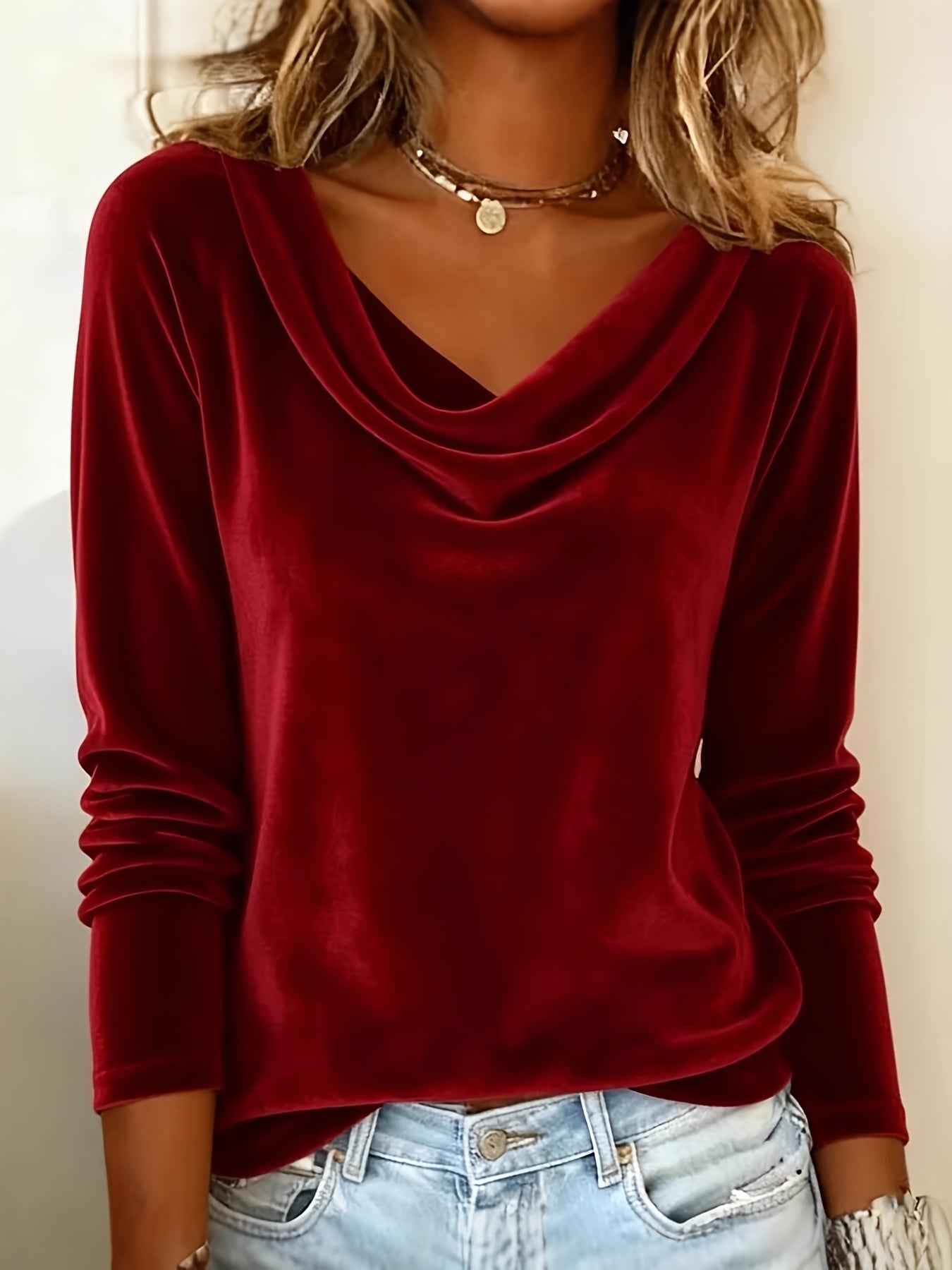 Women'S Fashion New Solid Color Batwing Neckline Velvet T-shirt | Long-sleeve, Asymmetrical Design, Elegant Style, Versatile Everyday Top for Spring and Autumn