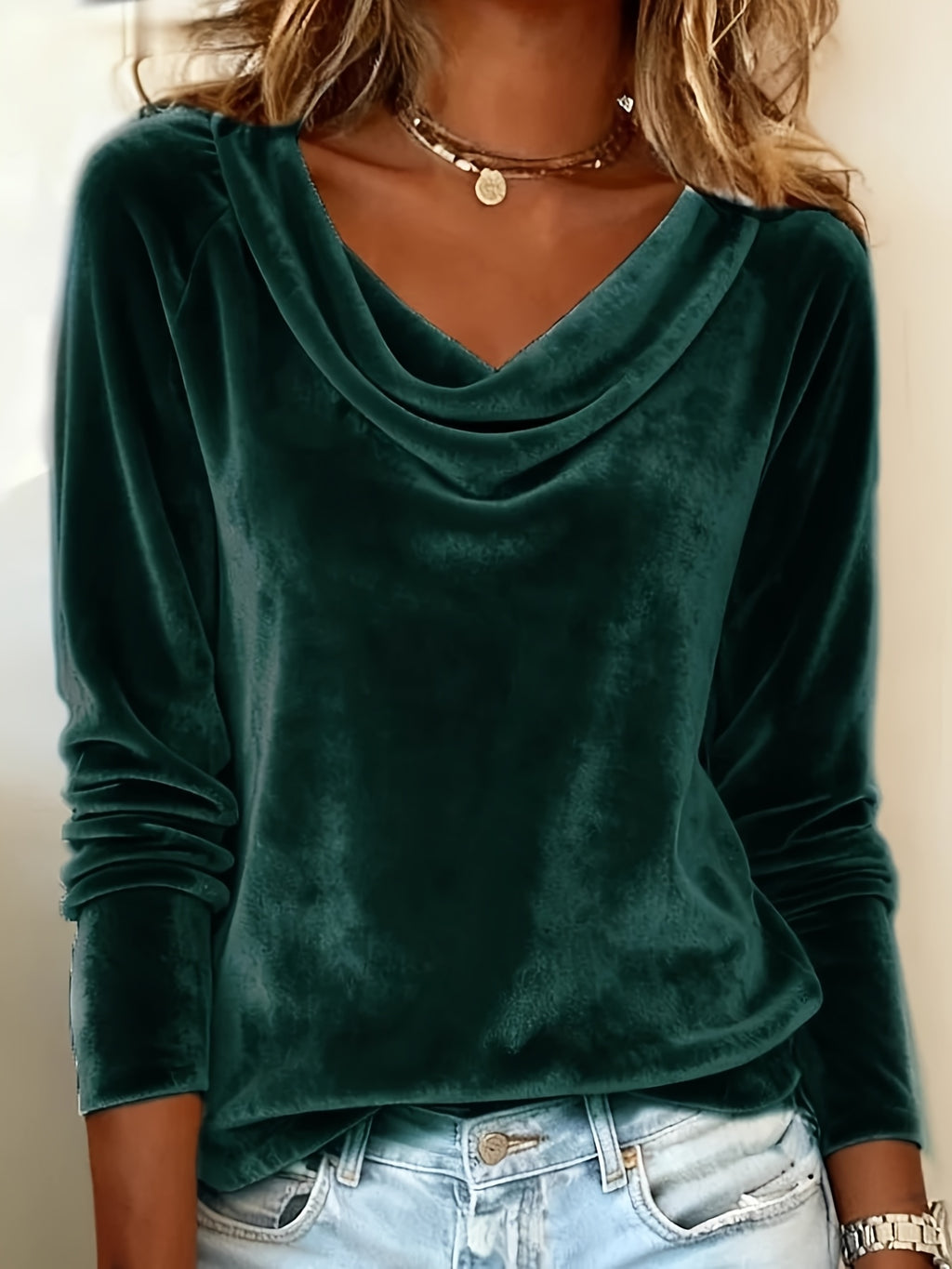 Women'S Fashion New Solid Color Batwing Neckline Velvet T-shirt | Long-sleeve, Asymmetrical Design, Elegant Style, Versatile Everyday Top for Spring and Autumn