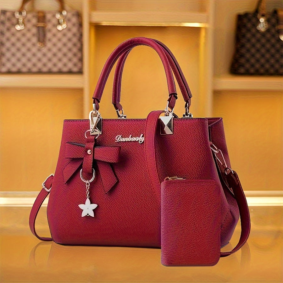 Chic Bow Decor Handbag for Women - Versatile Top Handle Satchel with Coin Purse, Adjustable Strap, And Zip Closure - Available in Khaki, Dark Pink, Light, - Synthetic Material with Acrylic Lining, Cute Handbag