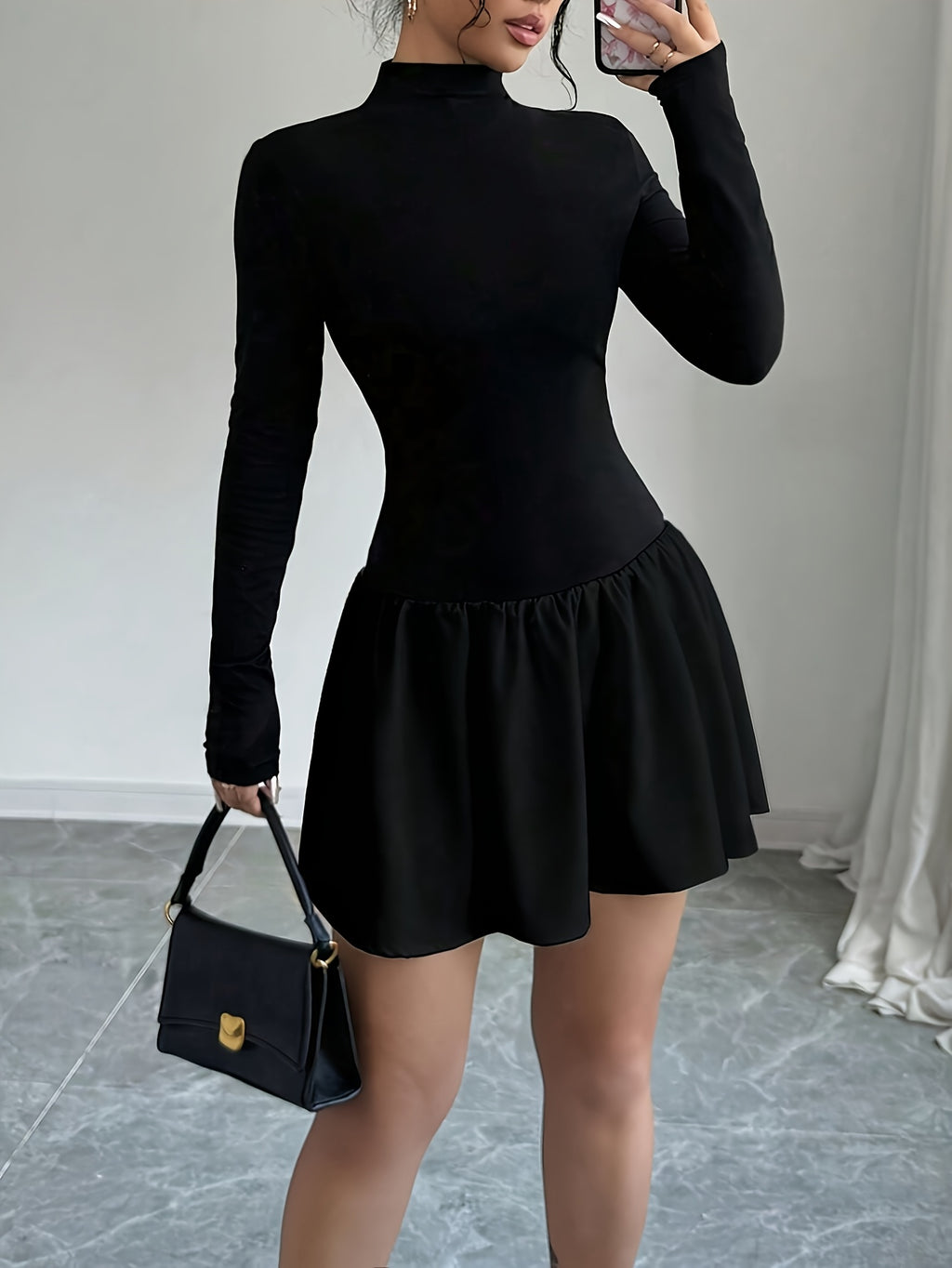 Elegant A-Line Dress - Solid Color High-Neck Slim Fit Winter Dress with Machine Washable Fabric, Party Wedding Commute Dress, Moderate Stretch A-Line Silhouette for Fall Winter Attire