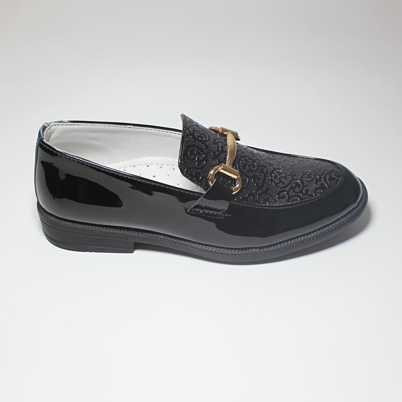 Boys' Lightweight Slip-On Shoes - Black Round Toe with Golden Buckle Straps, Breathable & Comfortable for Casual or Formal Wear, Youngsters'S Shoes, Stylish Youngsters Footwear, Durable Tpr Sole
